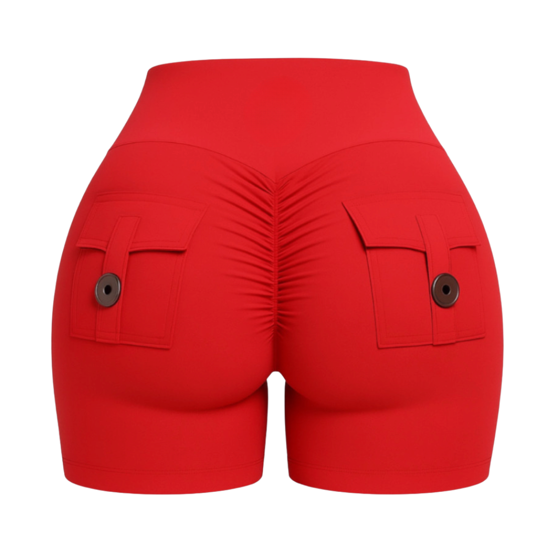 Sexy Butt Shorts in red, designed to shape and lift, featuring a body-hugging fit and stylish pockets.