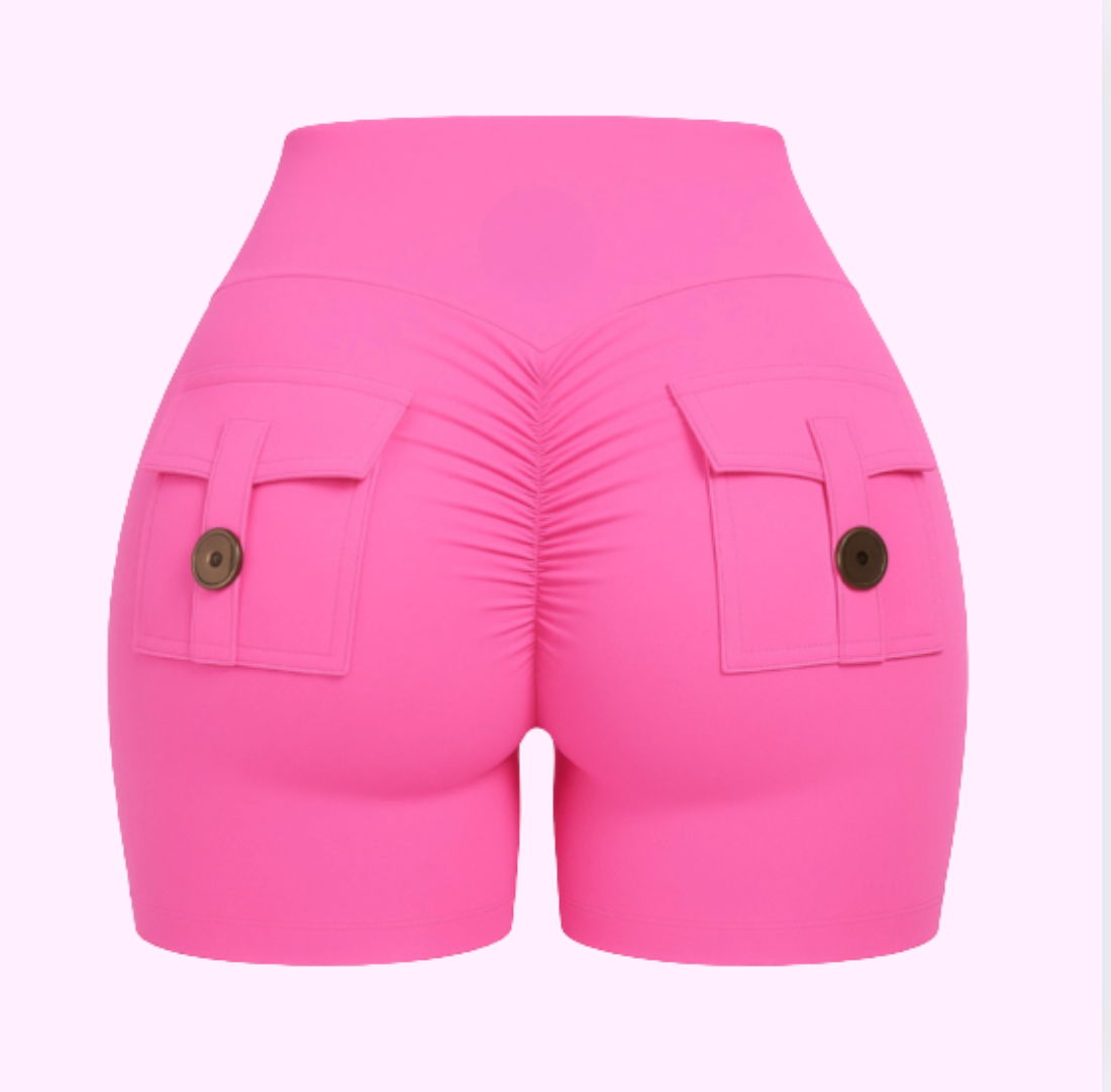 Sexy butt shorts in vibrant pink with pocket details and ruched back design for a flattering look.