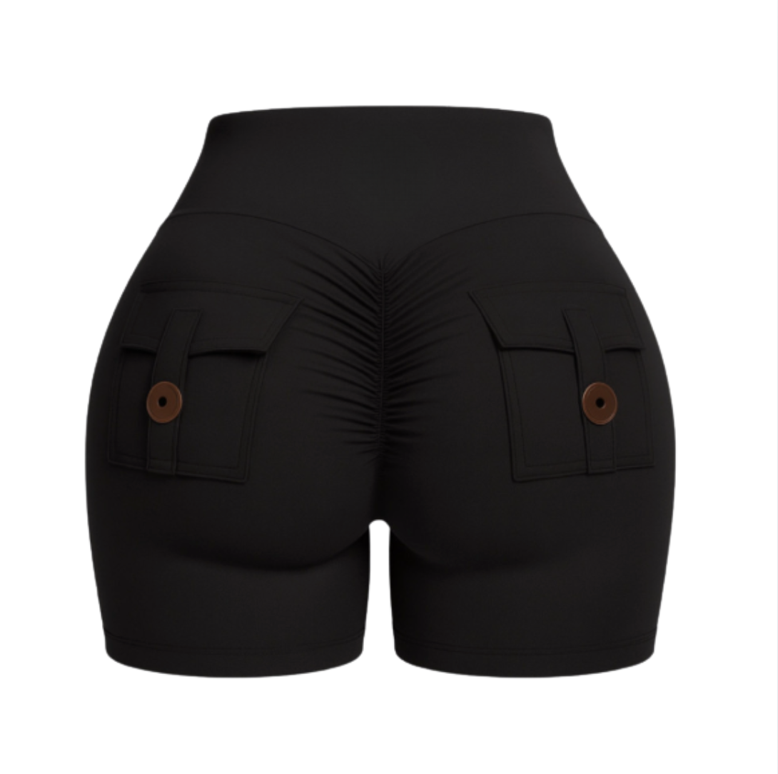 Black sexy butt shorts with pocket details, designed to shape and lift curves for a flattering look.