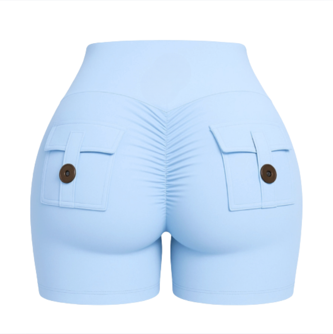 Sexy butt shorts showcasing a body-hugging fit and stylish pocket details in a light blue color.