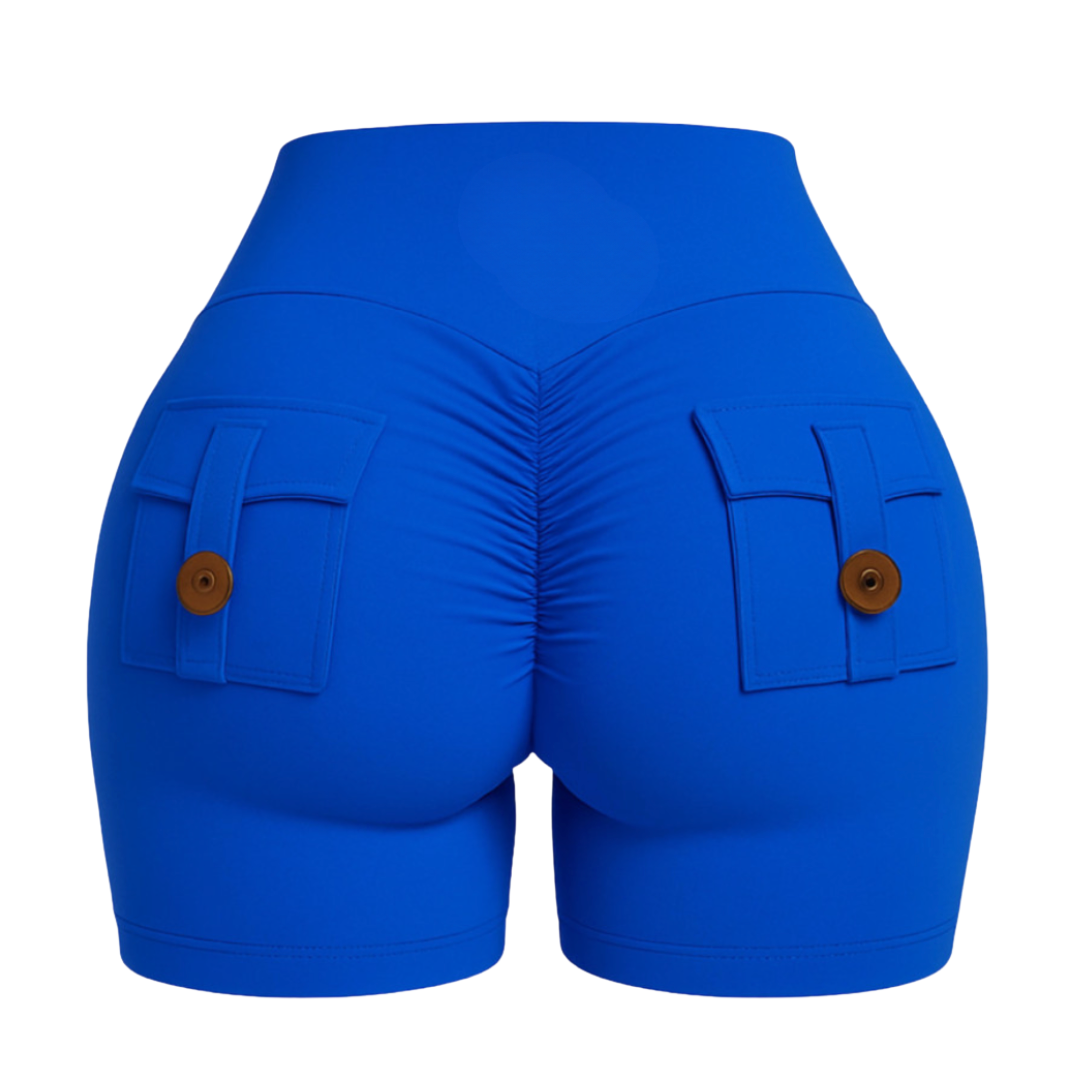 Sexy butt shorts designed to shape and lift your curves, featuring a stylish blue color and functional back pockets.