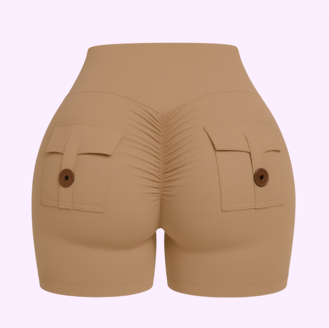 Back view of sexy butt shorts showcasing a flattering fit and stylish pocket details.