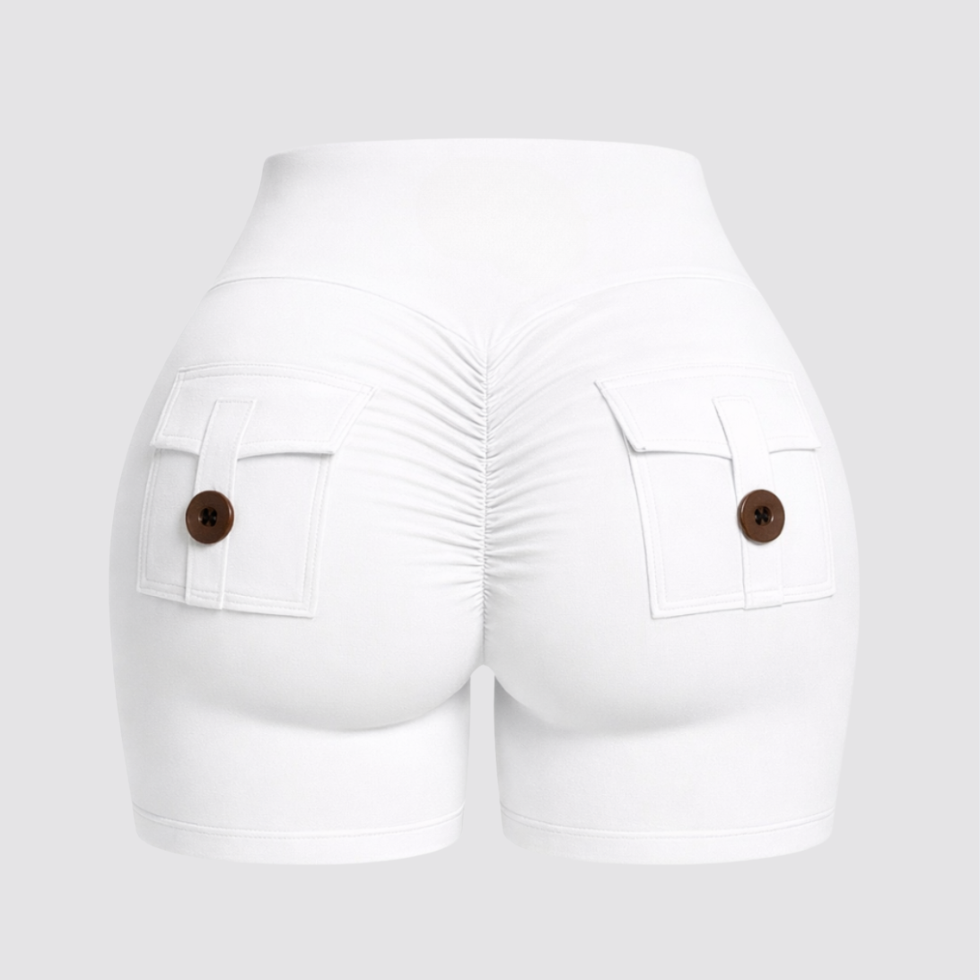 Sexy butt shorts in white with stylish back pockets designed to enhance and lift your curves.