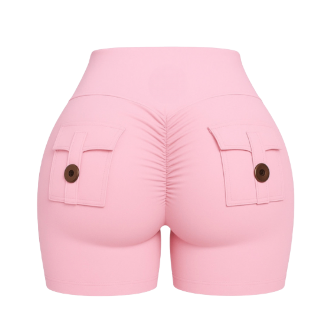 Sexy Butt Shorts in pink with a flattering design featuring pocket details and a ruched back for enhanced curves.