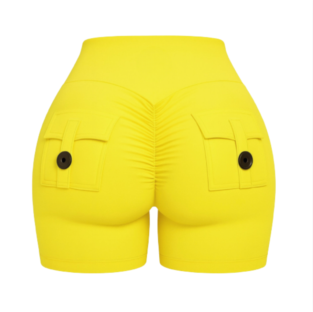 Sexy butt shorts in bright yellow, featuring pocket details and a body-hugging fit to enhance curves.